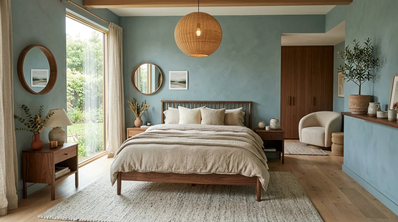 Cloudy blue walls with a soft canopy bed in a serene bedroom.