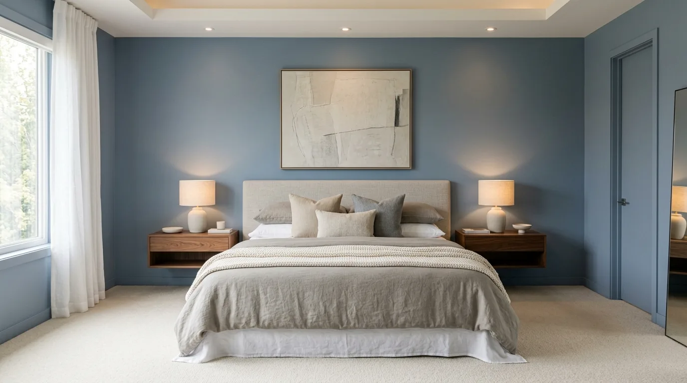 Blue bedroom walls with botanical accents and layered natural textures.