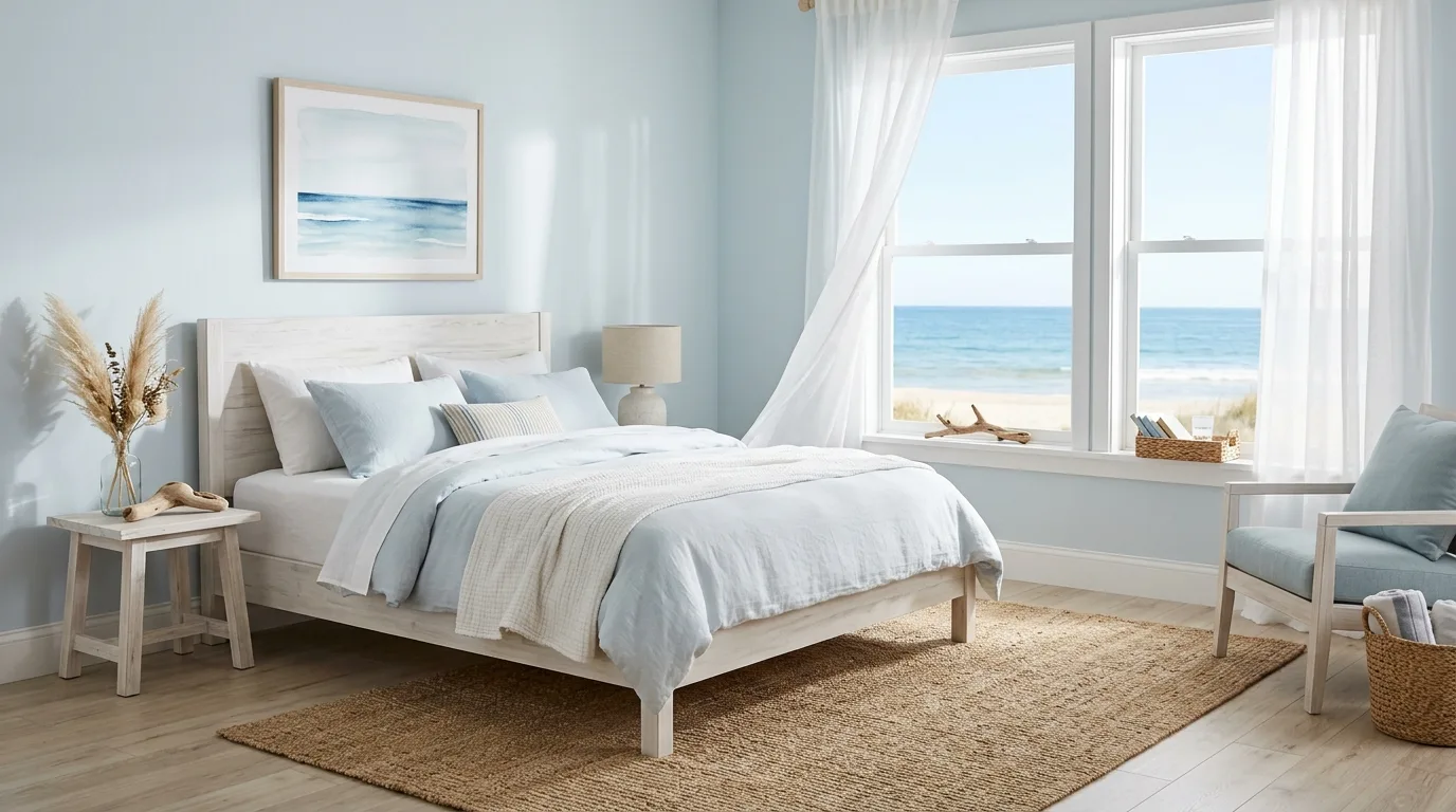 Muted blue Japandi bedroom with low wood furniture and serene styling.