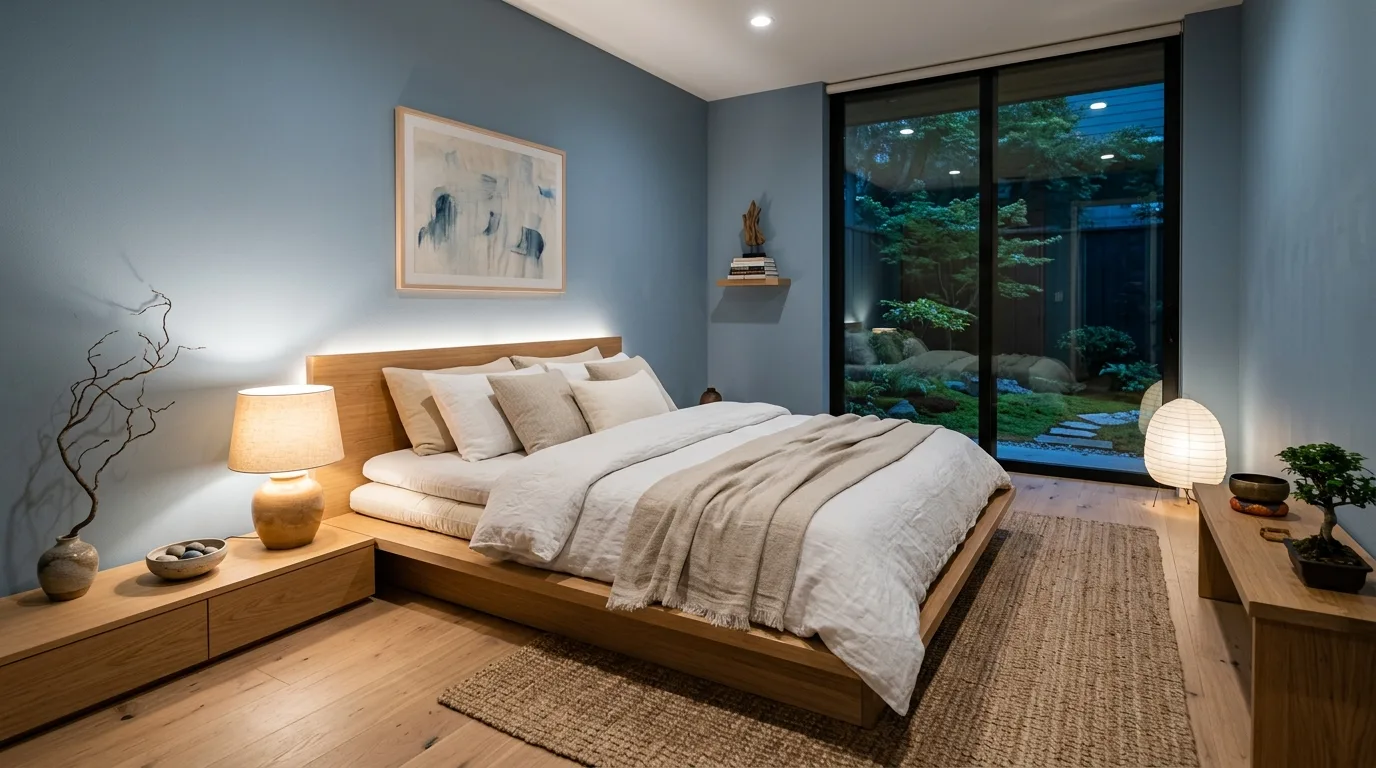 Soft blue bedroom walls with airy bedding and a gentle calming atmosphere.