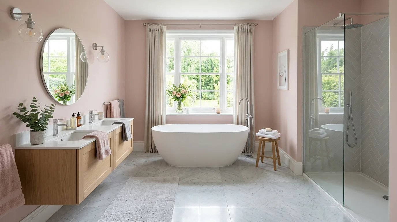 Calming Pink and Grey Bathroom Ideas for a Balanced Scheme in a thoughtfully styled bathroom.