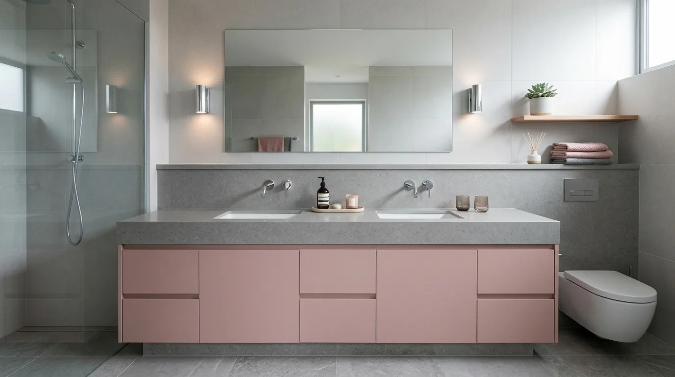 start with the main color or material story in a bathroom inspired by calming pink grey balanced.