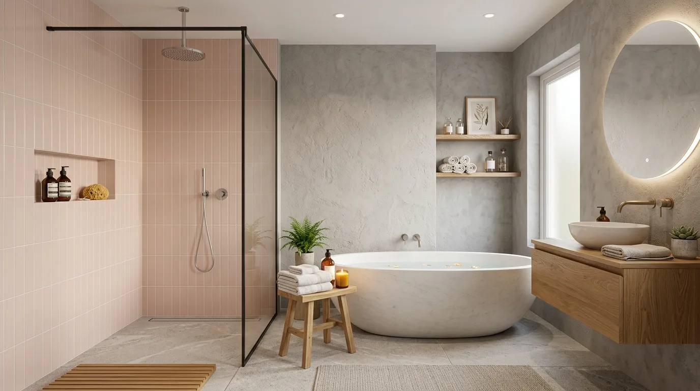 pair it with finishes that support the mood in a bathroom inspired by calming pink grey balanced.