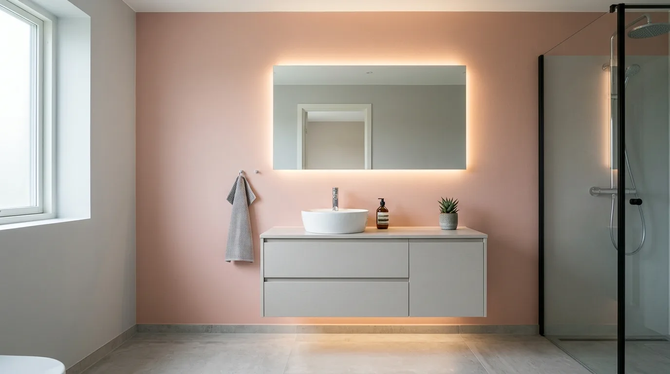 use lighting to bring the space to life in a bathroom inspired by calming pink grey balanced.