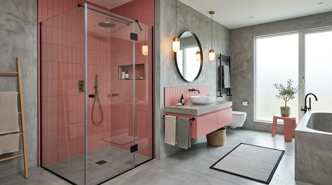add texture for more depth in a bathroom inspired by calming pink grey balanced.