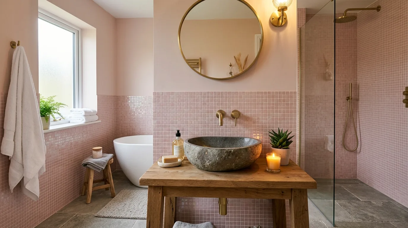 keep fixtures and lines thoughtful in a bathroom inspired by calming pink grey balanced.