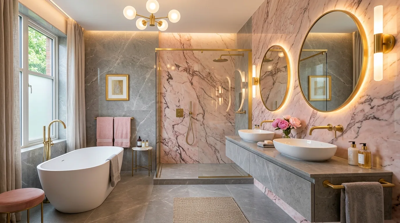 balance boldness with breathing room in a bathroom inspired by calming pink grey balanced.
