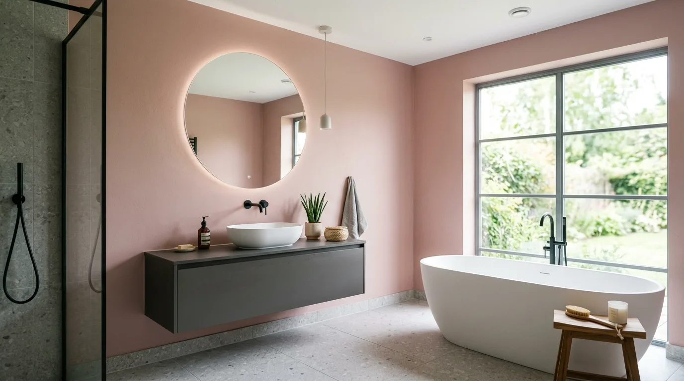 use decor that reinforces the look in a bathroom inspired by calming pink grey balanced.