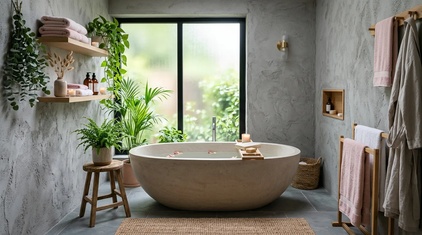 let the room feel personal and restful in a bathroom inspired by calming pink grey balanced.
