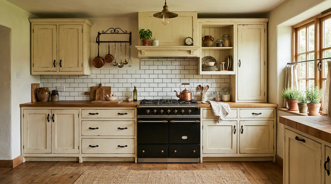 Soft painted farmhouse kitchen cabinets adding warmth.