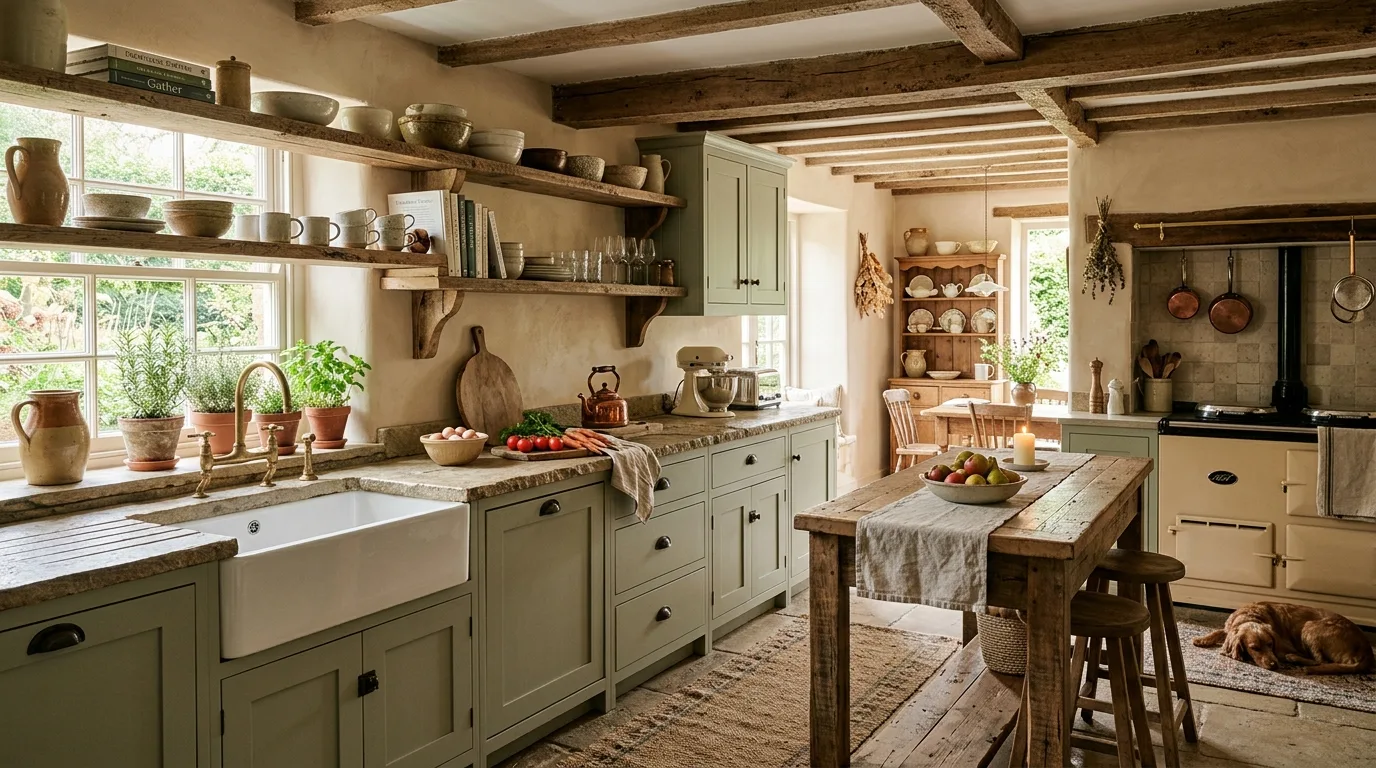 Natural wood paired with charming farmhouse kitchen cabinets.