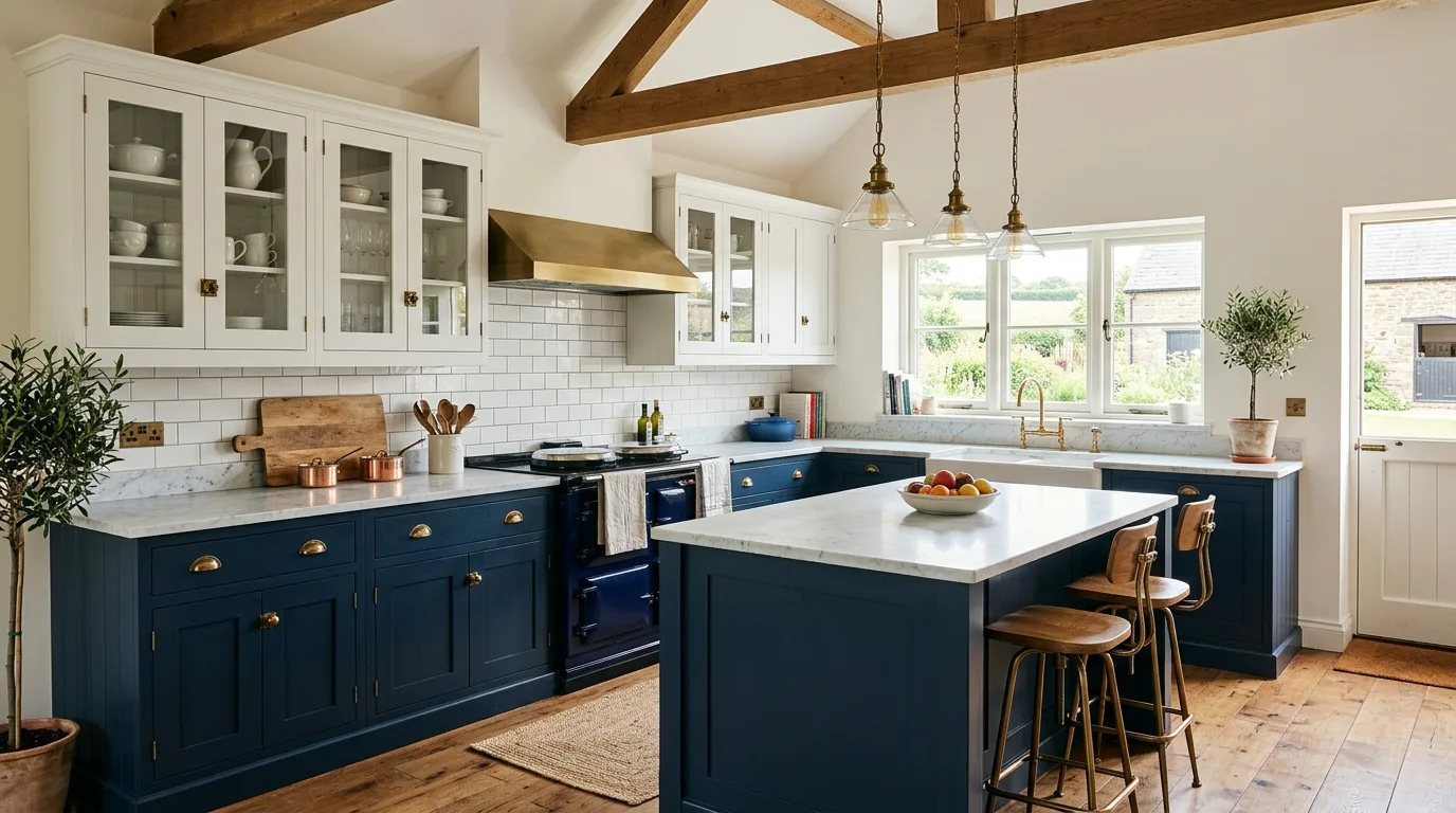Vintage-style hardware on farmhouse kitchen cabinets.