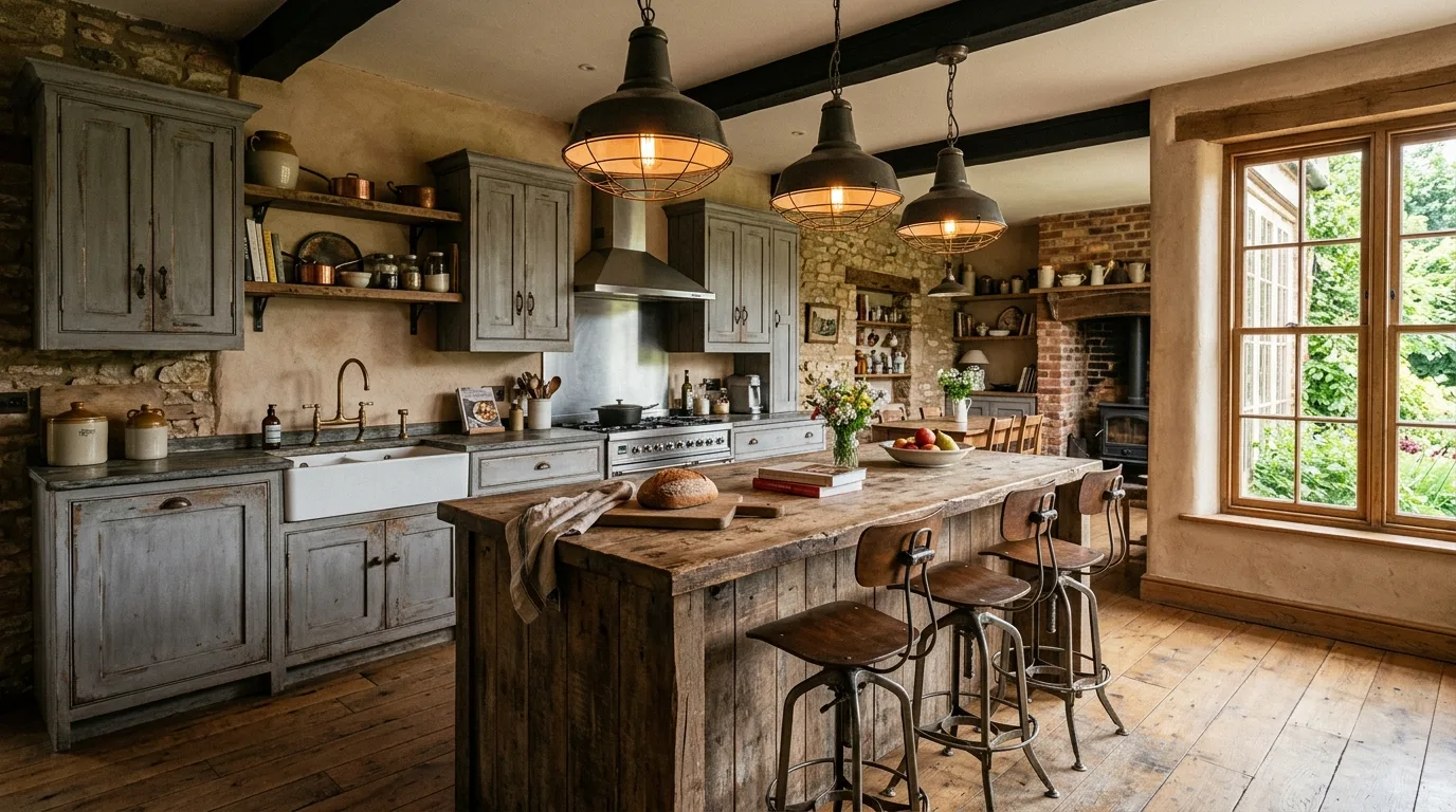 Open shelves adding a collected feel to a farmhouse kitchen.