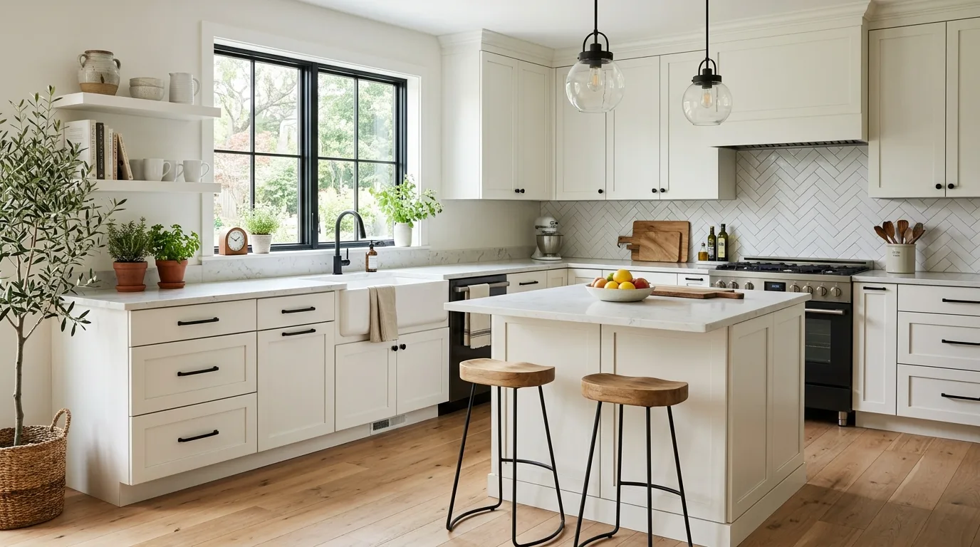 Warm whites and creams in a charming farmhouse kitchen.
