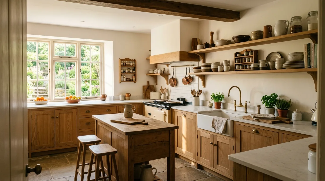 Warm familiar lighting in a farmhouse kitchen.