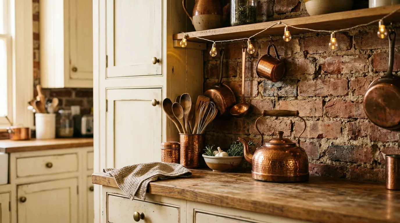 Useful honest styling in a farmhouse kitchen with rustic cabinets.
