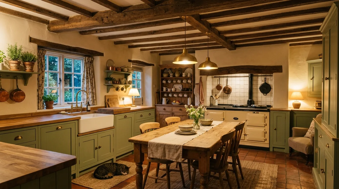 Rustic welcoming kitchen with charming farmhouse cabinets.
