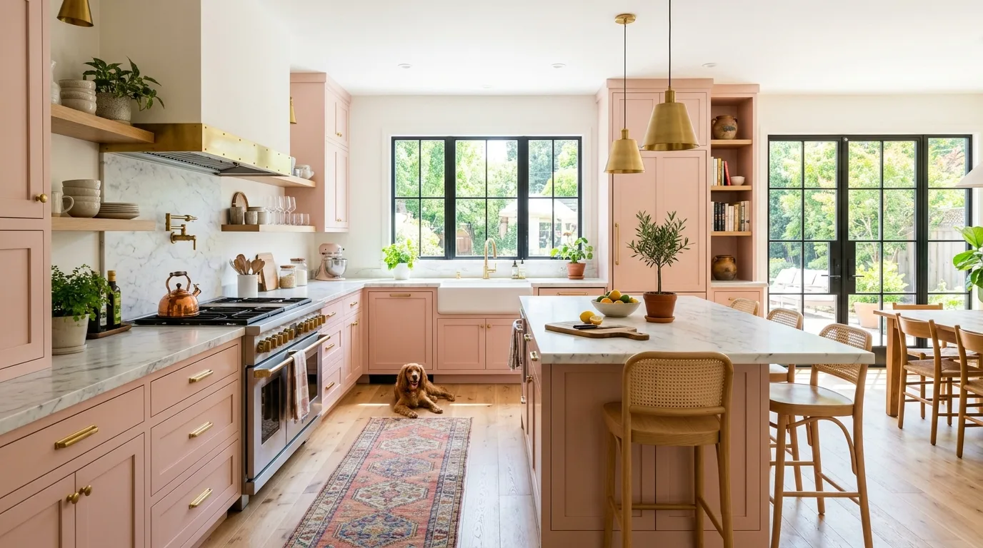 Cheerful pink kitchen cabinets making a bold stylish statement.