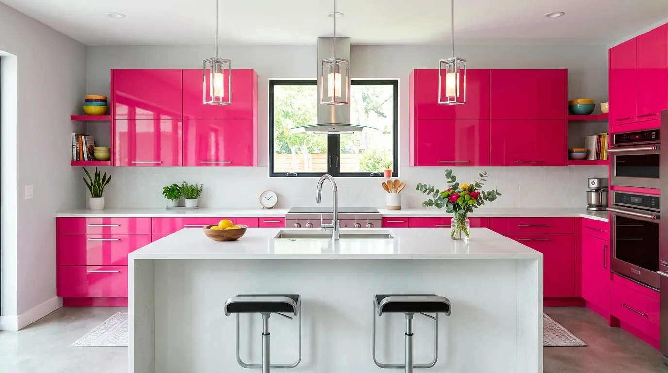 Pink cabinet tone chosen for a stylish lasting kitchen look.