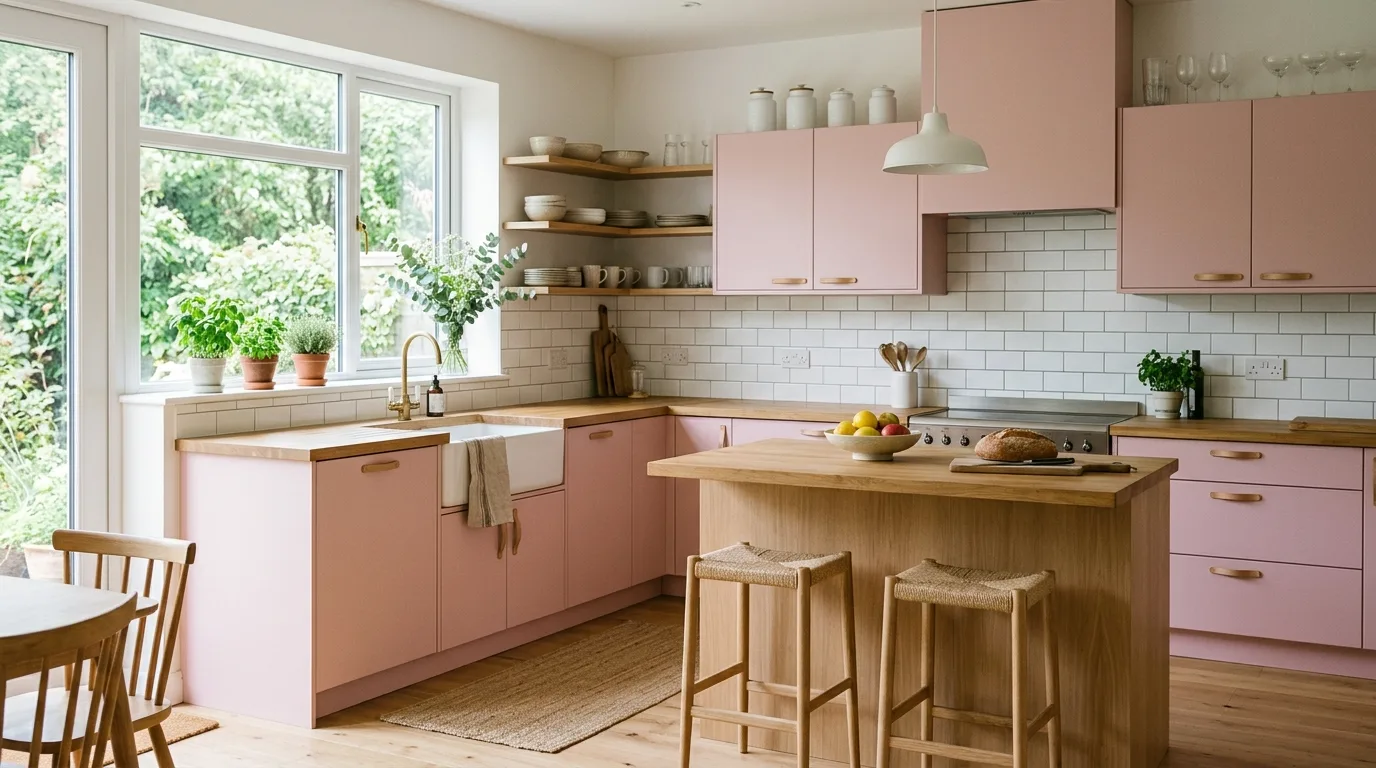 White paired with cheerful pink kitchen cabinets.