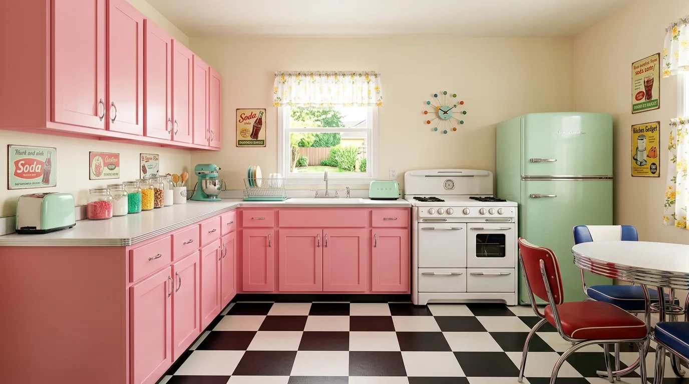 Brass warming up a cheerful pink kitchen cabinet palette.