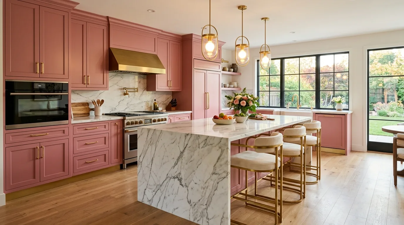 Stone and wood grounding cheerful pink kitchen cabinets.