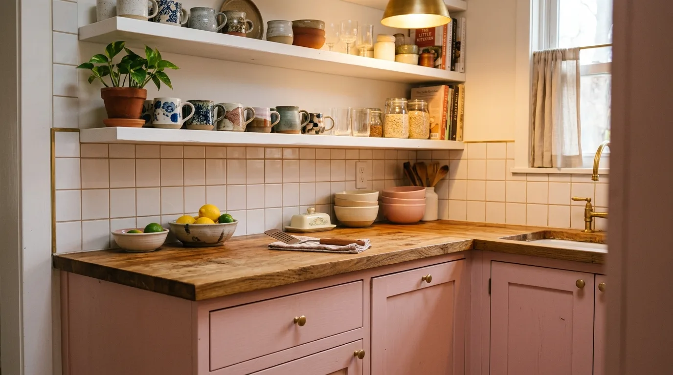 Clean lines and hardware on cheerful pink kitchen cabinets.