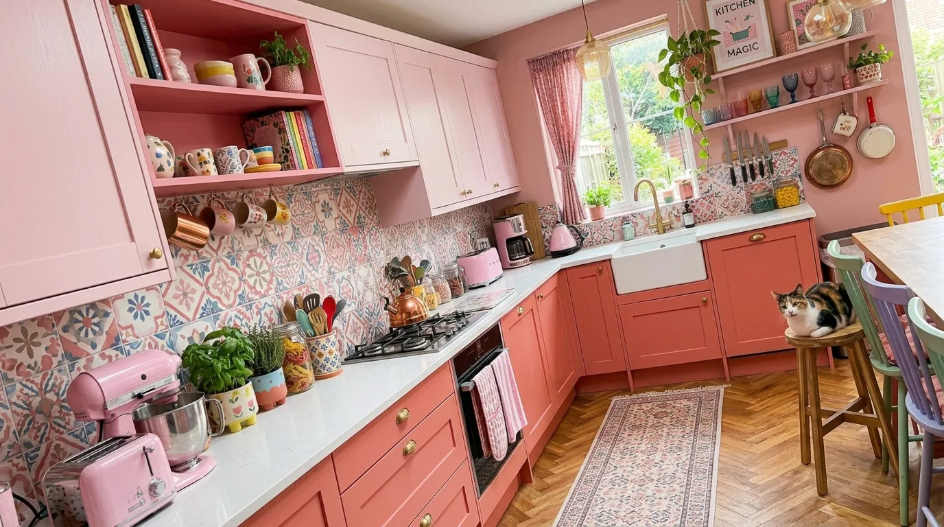 Minimal styling around bold pink kitchen cabinets.