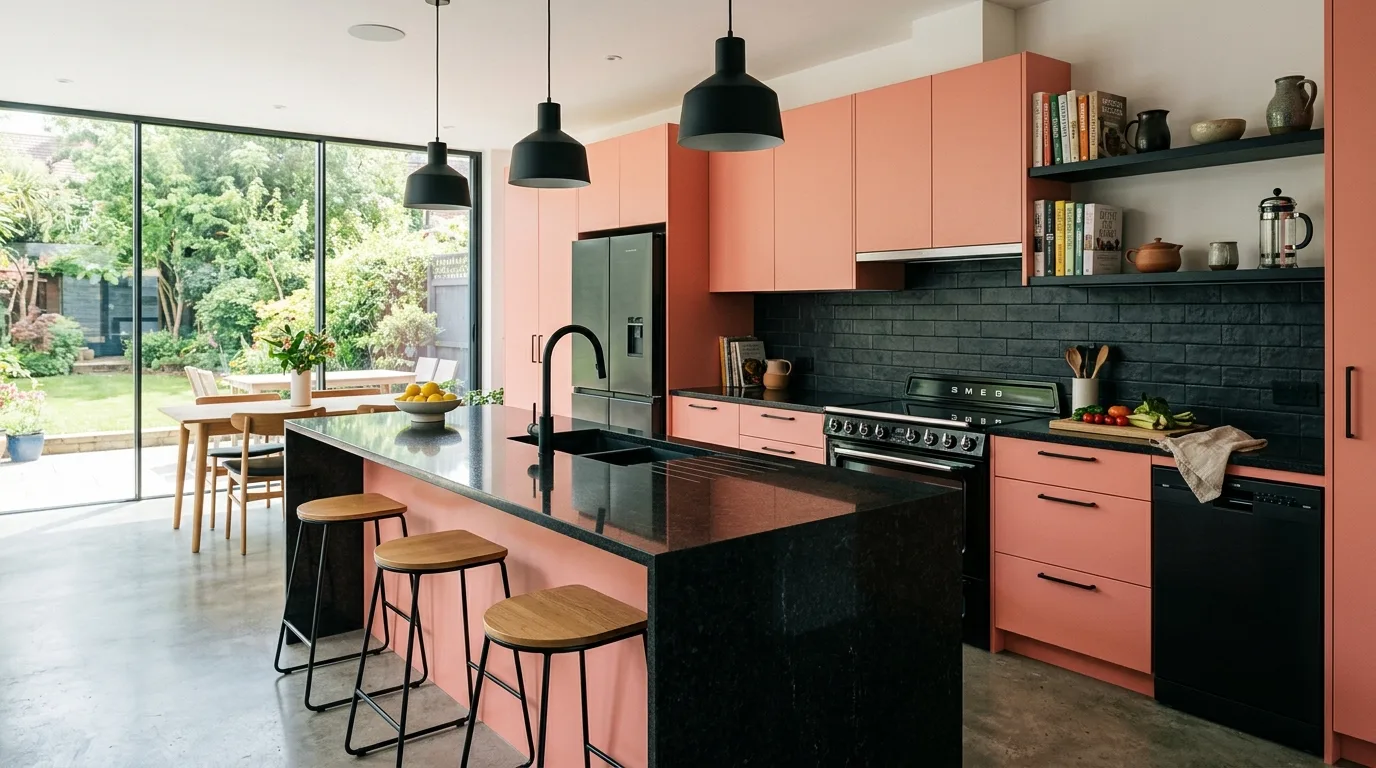Light keeping pink kitchen cabinets joyful and fresh.