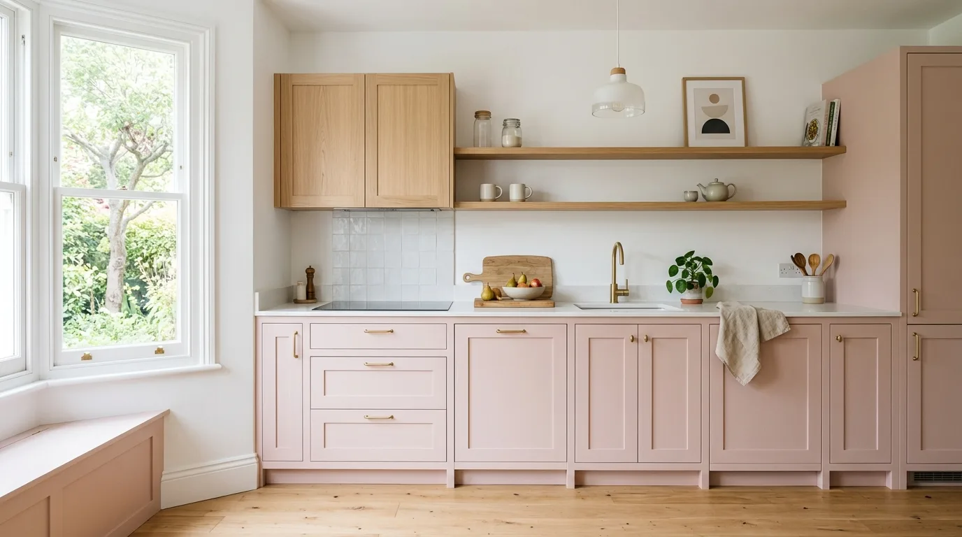 Bold cheerful kitchen with stylish pink cabinets.