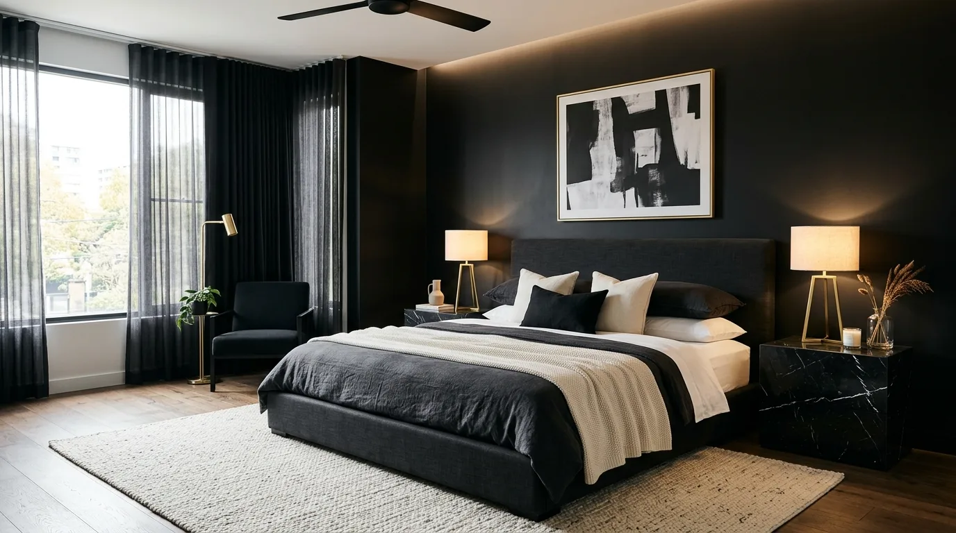 Chic black bedroom with elegant modern decor and layered warm lighting.