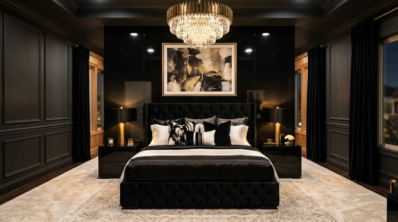 Minimal black bedroom decor with one statement light and sleek styling.
