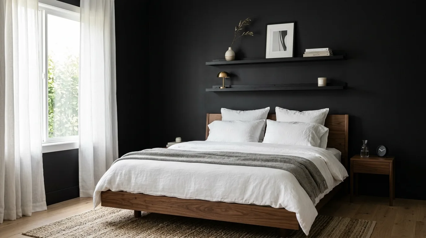 Soft black paint with cream upholstered bed in a refined modern bedroom.