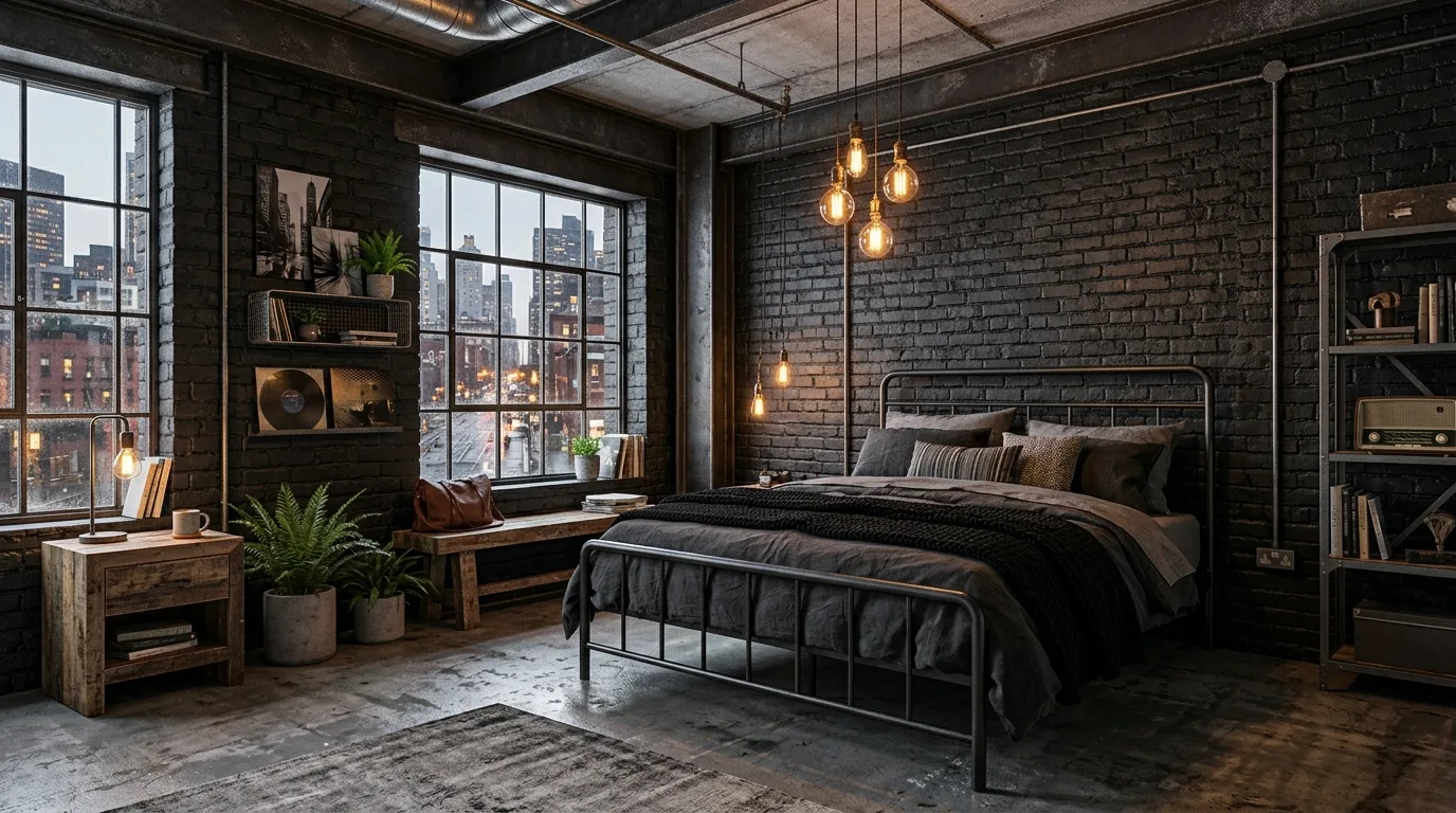 Black and walnut bedroom with modern calm and refined elegant styling.