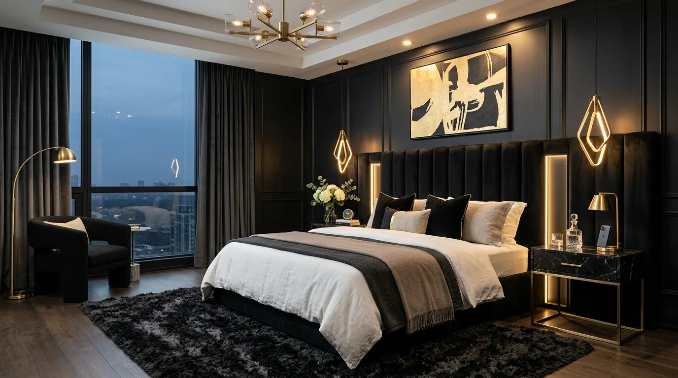 Layered black textiles with matte finishes in a chic elegant bedroom.