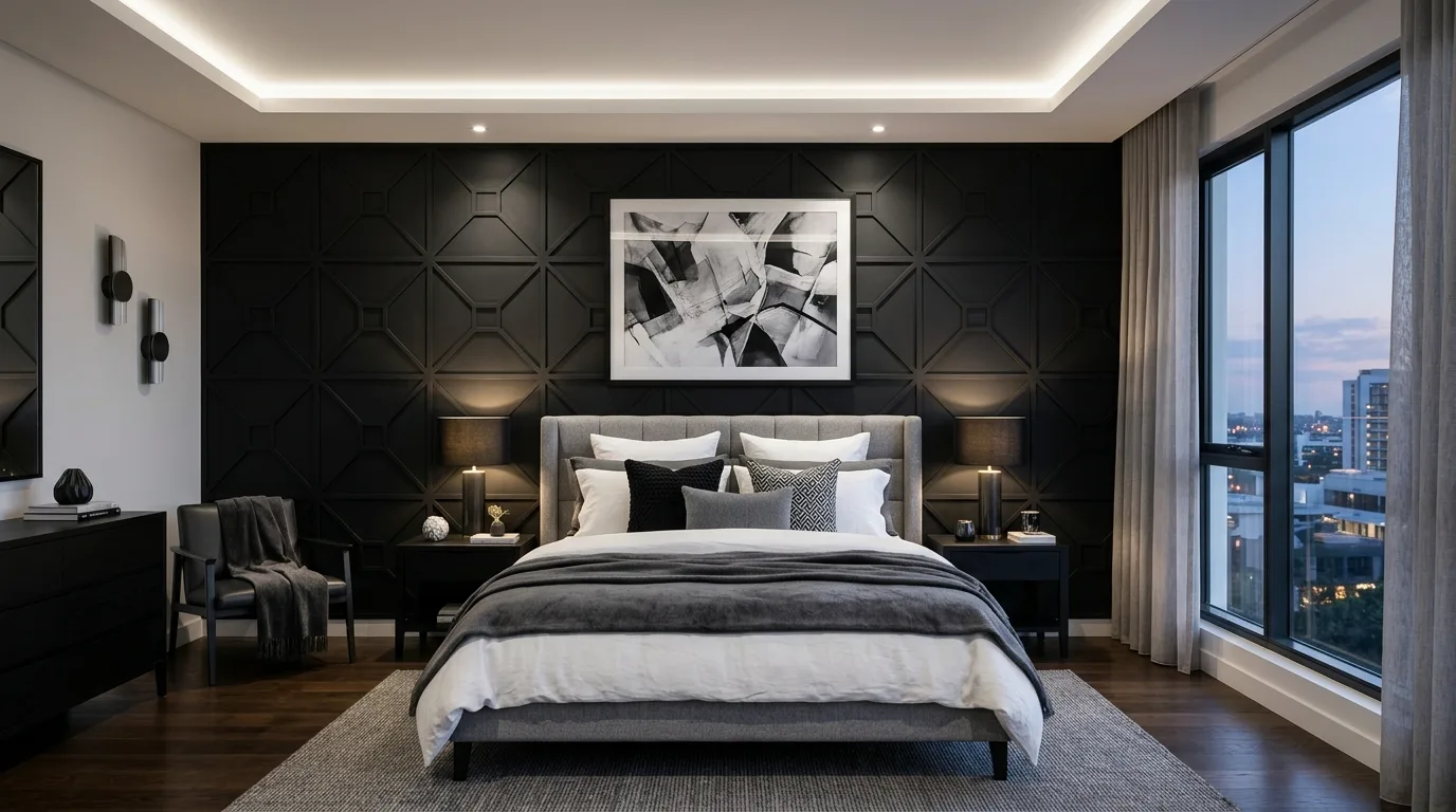 Black bedroom decor with brass accents and polished elegant warmth.