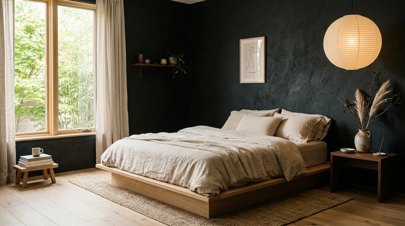 Chic black bedroom with clean lines and modern elegant composition.