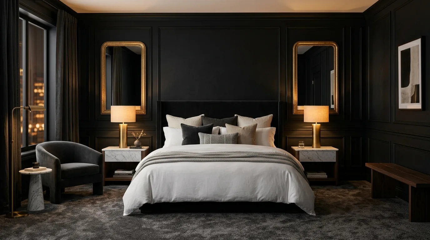 Black bedroom with gallery-style art and chic modern elegance.