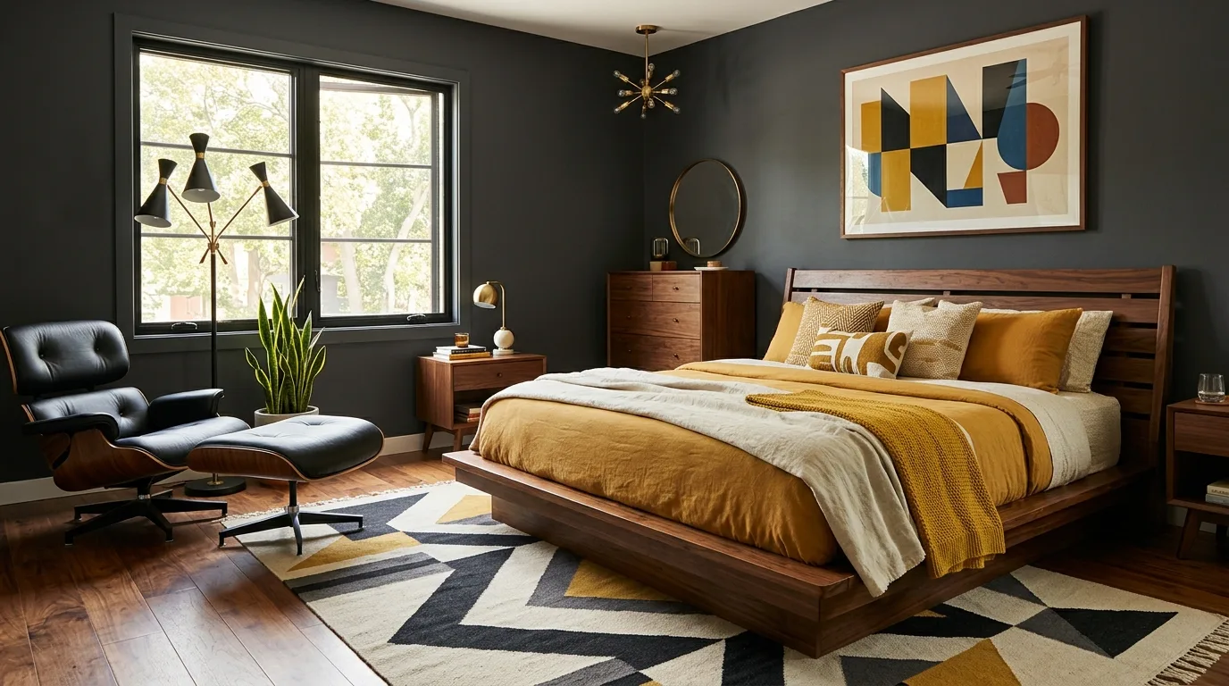 Textured rug softening a black bedroom with chic elegant styling.