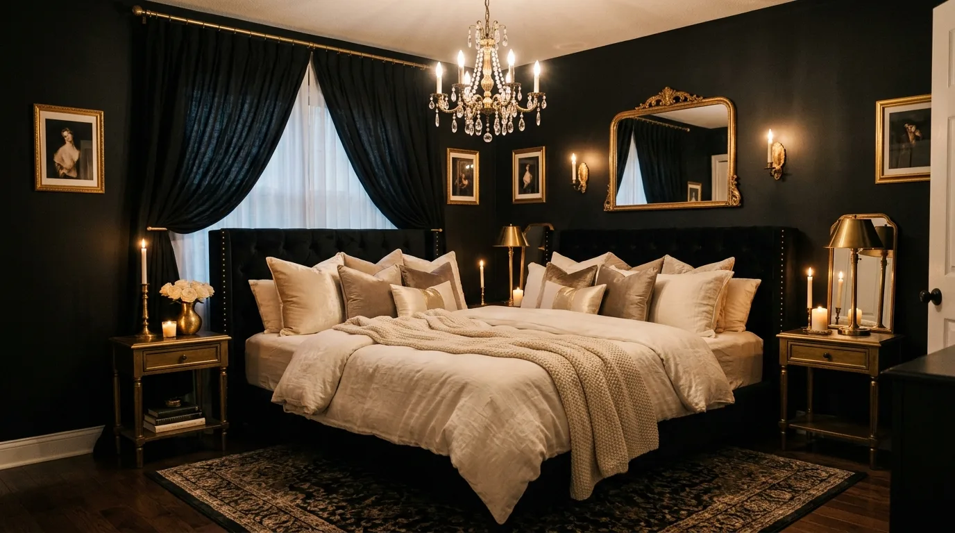 Black bedroom decor with warm ambient light and modern refined mood.