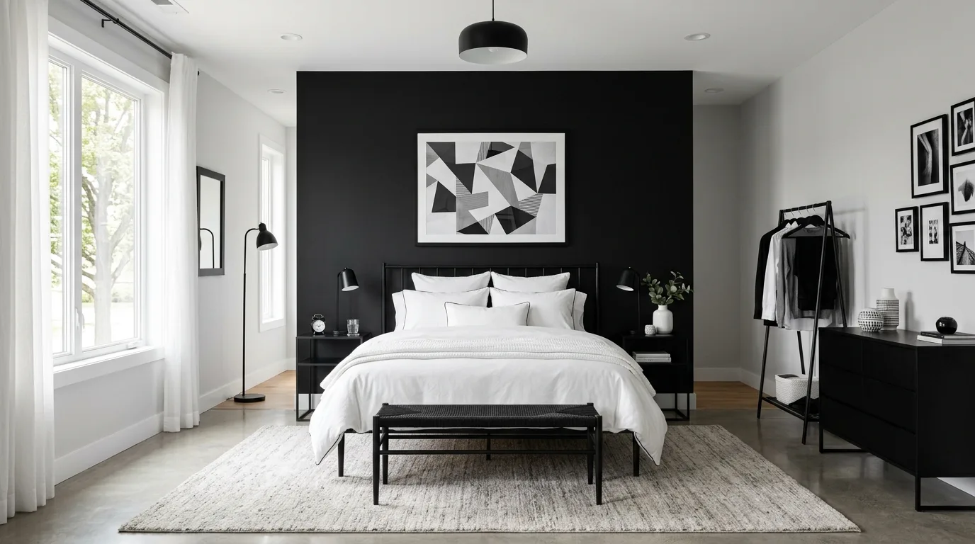 Black and beige bedroom in an elegant modern mix with soft contrast.