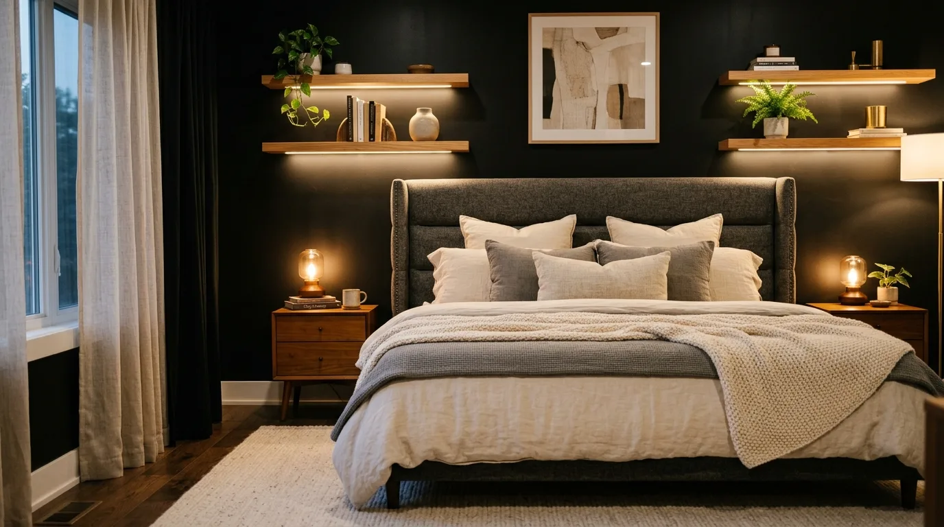 Refined black bedroom decor centered around a statement bed and elegant styling.