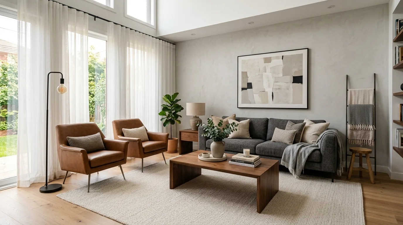 Grey sofa and brown leather chairs styled in a chic contemporary living room.