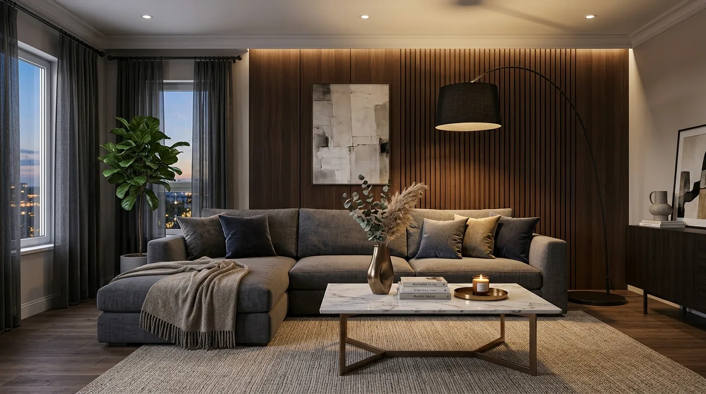 Grey sectional in front of a rich brown wood-paneled wall.