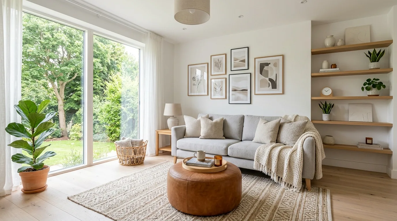 Light grey sofa and caramel ottoman in a bright Scandinavian living room.