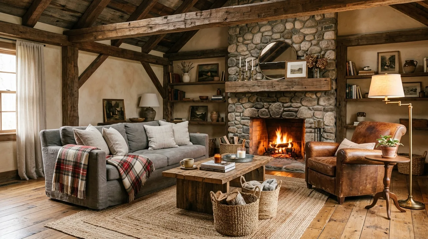 Weathered grey couch with distressed brown leather chair in farmhouse setting.