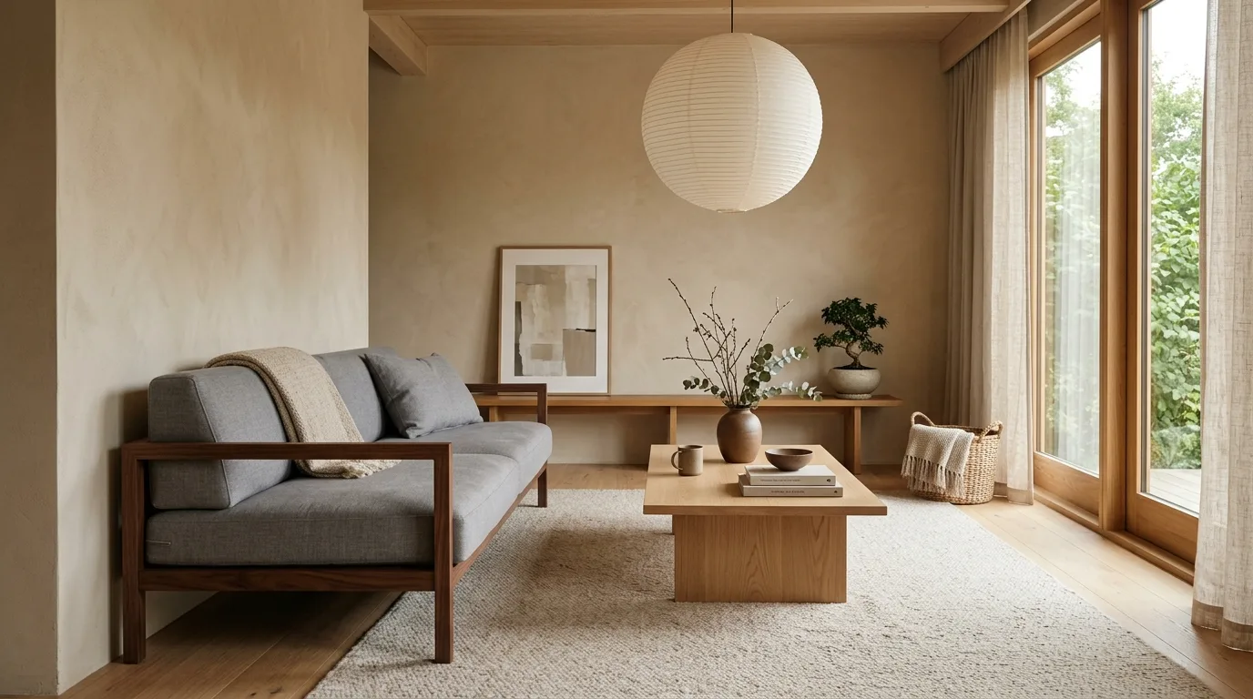 Low grey sofa with walnut frame in a minimalist Japandi interior.