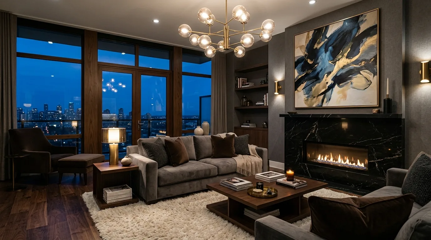 Smoky grey velvet sofa styled with espresso brown accents.