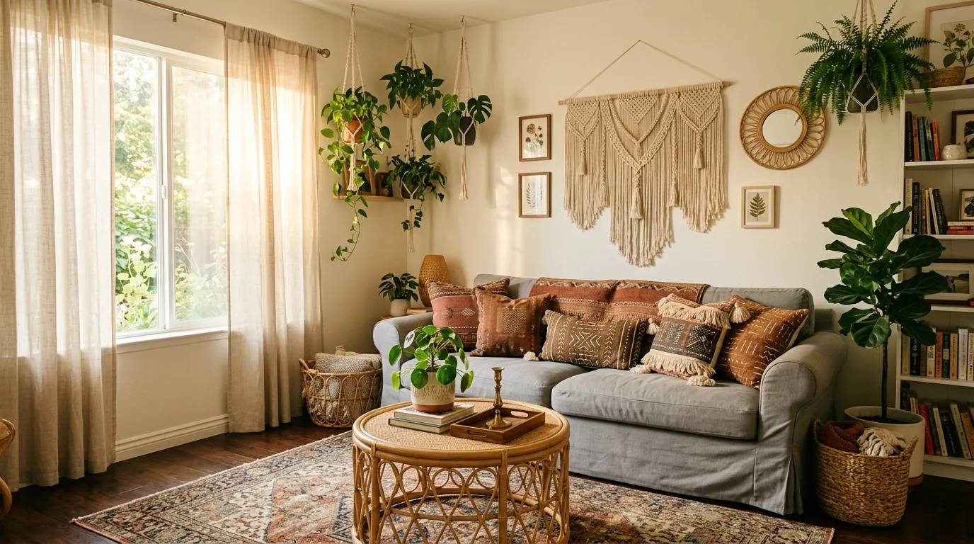 Grey slipcovered sofa with brown and rust pillows in a bohemian space.
