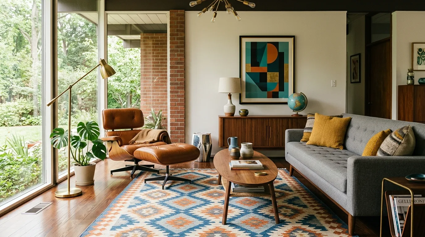 Grey tufted sofa and cognac chair in a mid-century living room.